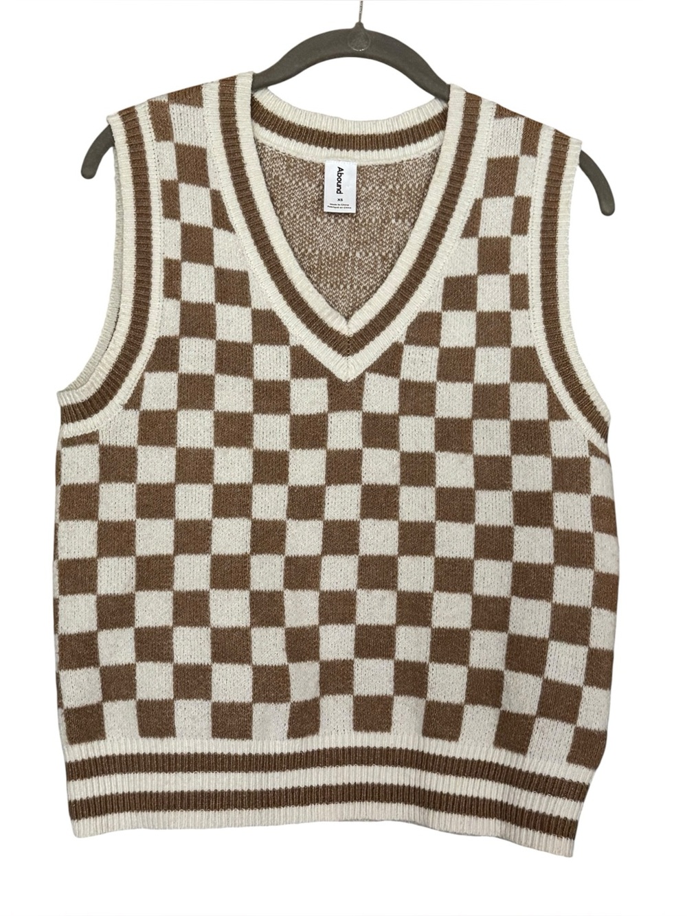 ABOUND Checkered V-Neck Sweater Vest XS 18” + p2p Tan Neutral EUC - Picture 2 of 10